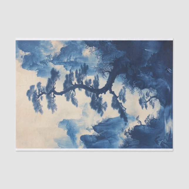 Papel De Seda Decoupage de Árvore Pintada com Tinta Azul Chinesa (Frente )