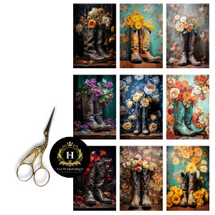Papel De Seda Decoupage de Botas de Cowboy com Flores de Casamen