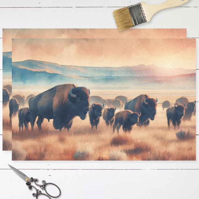 Papel De Seda Decoupage de Buffalo Herd Watercolor Bison (Criador carregado)