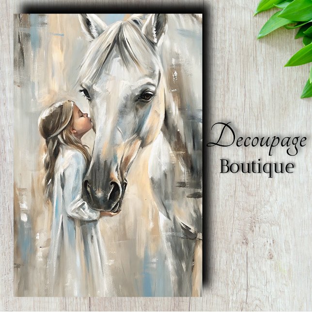 Papel De Seda Decoupage de Cavalo Branco e Menina (White Horse And Little Girl Decoupage Tissue Paper)