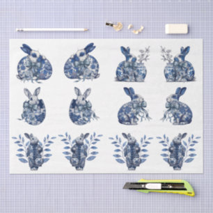 Papel De Seda Decoupage de Coelhos Azuis e Brancos Inspirados no