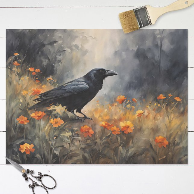 Papel De Seda Decoupage de Corvo em Aquarela em Campo de Flores  (Criador carregado)