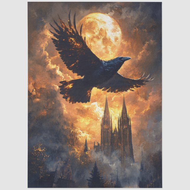Papel De Seda Decoupage de Corvo Voando Sobre Catedral Gótica (Frente )
