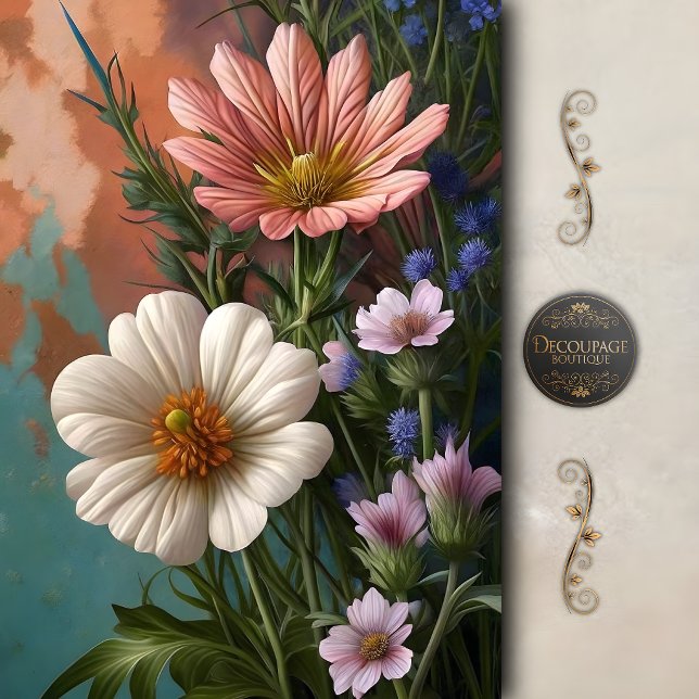 Papel De Seda Decoupage de Cosmos Florais Pintados (Painterly Cosmos Wildflower Decoupage Tissue Paper)