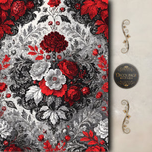Papel De Seda Decoupage de Damasco Floral Preto Vermelho