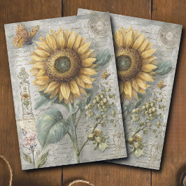 Papel De Seda Decoupage de Ephemera Botânica de Girassol Antigo