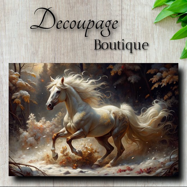 Papel De Seda Decoupage de Floresta Encantada de Estalão Branco  (Golden White Stallion In Enchanted Forest Decoupage Tissue Paper)