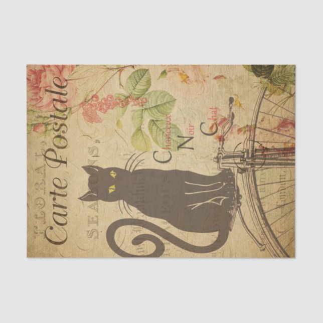 Papel De Seda Decoupage de Gato Preto do Cartão-Postal Francês E (Frente )
