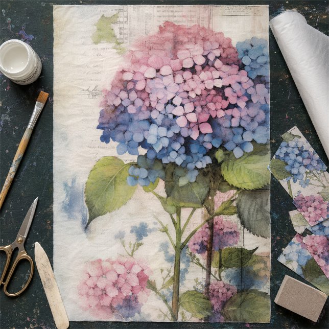Papel De Seda Decoupage de Hidrangea Azul Rosa em Aquarela Vinta (Criador carregado)