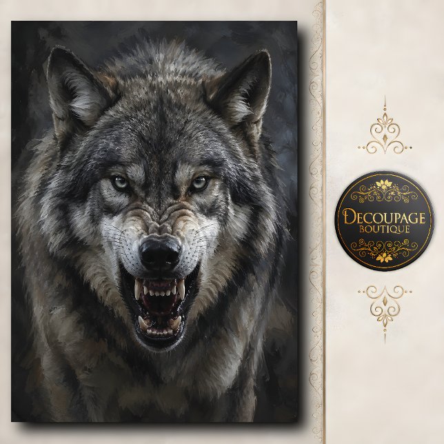Papel De Seda Decoupage de Lobo Cinza Feroz (Ferocious Gray Wolf Decoupage Tissue Paper)