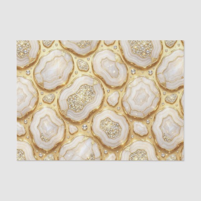 Papel De Seda Decoupage de Luxo | Geodo de Ágata Branco + Dourad (Frente )