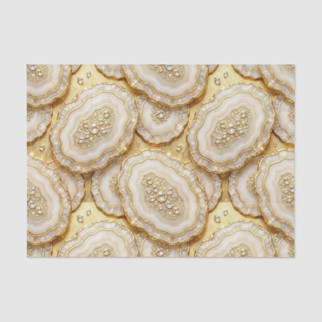 Papel De Seda Decoupage de Luxo | Geodo de Ágata Branco + Dourad (Frente )