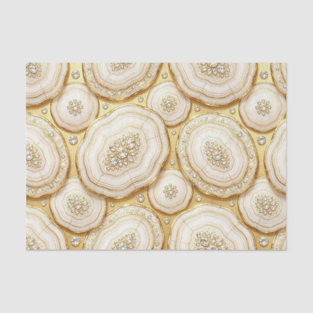 Papel De Seda Decoupage de Luxo | Geodo de Ágata Branco + Dourad (Frente )