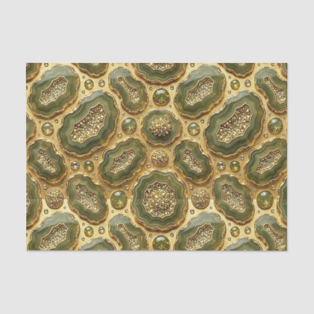 Papel De Seda Decoupage de Luxo | Geodo de Ágata Dourada e Verde (Frente )