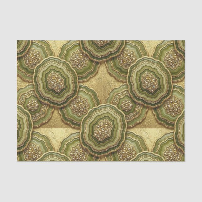 Papel De Seda Decoupage de Luxo | Geodo de Ágata Dourada e Verde (Frente )