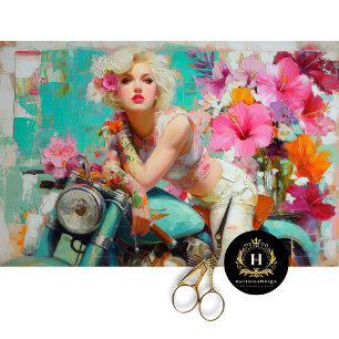 Papel De Seda Decoupage de Mulher Motociclista Floral Vintage