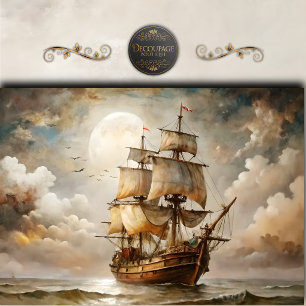 Papel De Seda Decoupage de Navio à Vela ao Luar Vintage