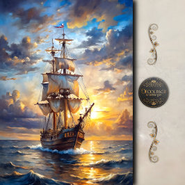 Papel De Seda Decoupage de Navio à Vela no Pôr do Sol Dourado