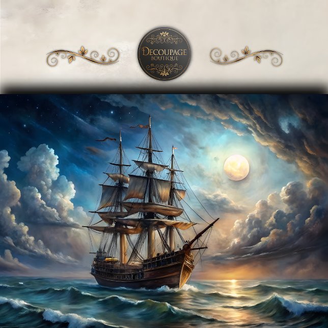 Papel De Seda Decoupage de Navio Alto Lua Cheia (Full Moon Tall Ship Decoupage Tissue Paper)