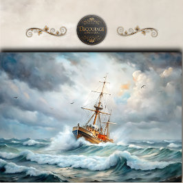 Papel De Seda Decoupage de Navio no Mar Tempestuoso Vintage