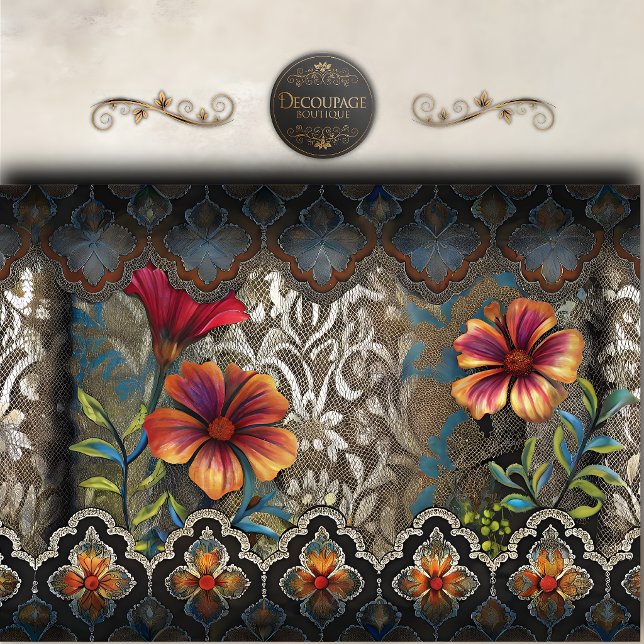 Papel De Seda Decoupage de Painel Floral Boho de Renda (Boho Lace Floral Panel Decoupage Tissue Paper)