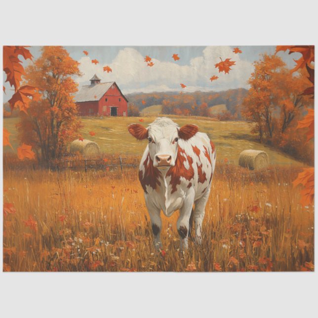 Papel De Seda Decoupage de Paisagem de Autumn Cow (Frente )