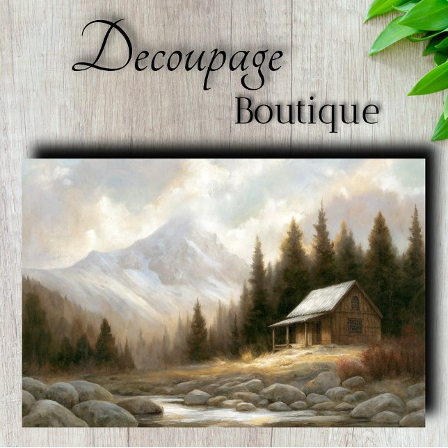 Papel De Seda Decoupage de Paisagem de Cabina de Montanha (Mountain Cabin Landscape Decoupage Tissue Paper)