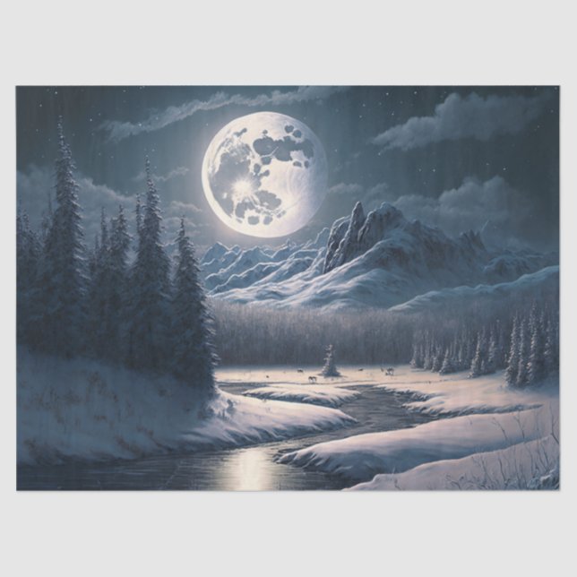 Papel De Seda Decoupage de Paisagem de Neve de Lua Completa (Frente )