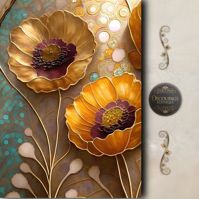 Papel De Seda Decoupage de Papoula Abstrata Dourada (Golden Abstract Poppy Bloom Decoupage Tissue Paper)