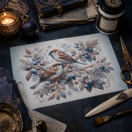 Papel De Seda Decoupage de Pardais e Mirtilos de Inverno Vintage