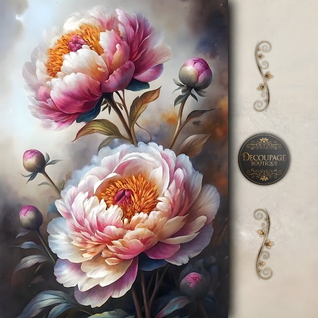 Papel De Seda Decoupage de Peônia Rosa Romântica (Romantic Pink Peony Decoupage Tissue Paper)