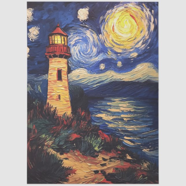 Papel De Seda Decoupage de Pintura do Farol Noturno Estrelado (Frente )