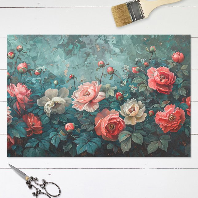 Papel De Seda Decoupage de Pinturas em Fundo Teal de Peões Rosa (Criador carregado)