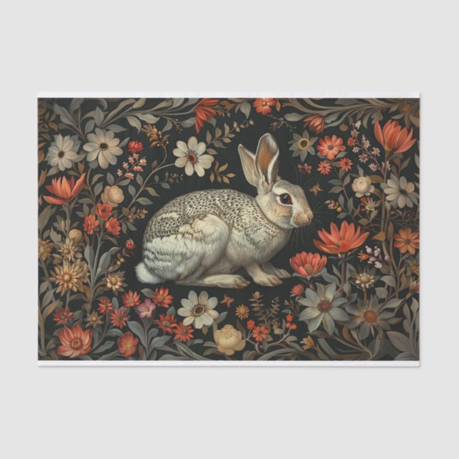 Papel De Seda Decoupage de Rabbit e Flores Selvagens Vermelhas (Frente )