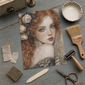 Papel De Seda Decoupage de Ruiva Elegante e Rosas Marfim