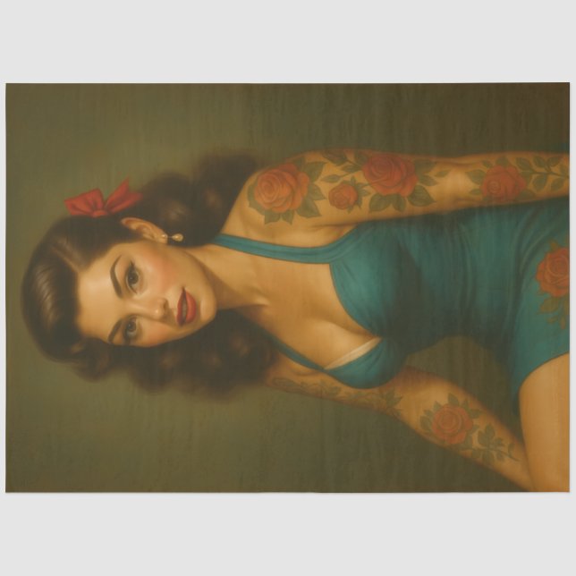 Papel De Seda Decoupage de Tatuagem Pin-Up em Azul Turquesa Retr (Frente )
