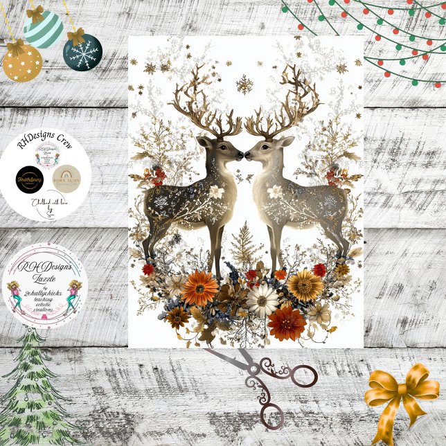 Papel De Seda Decoupage Deer Floral Trabalho de arte Natal (Criador carregado)