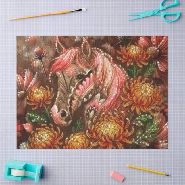 Papel De Seda Decoupage do Autumn Horse Floral Chrysanthemums (Arte )