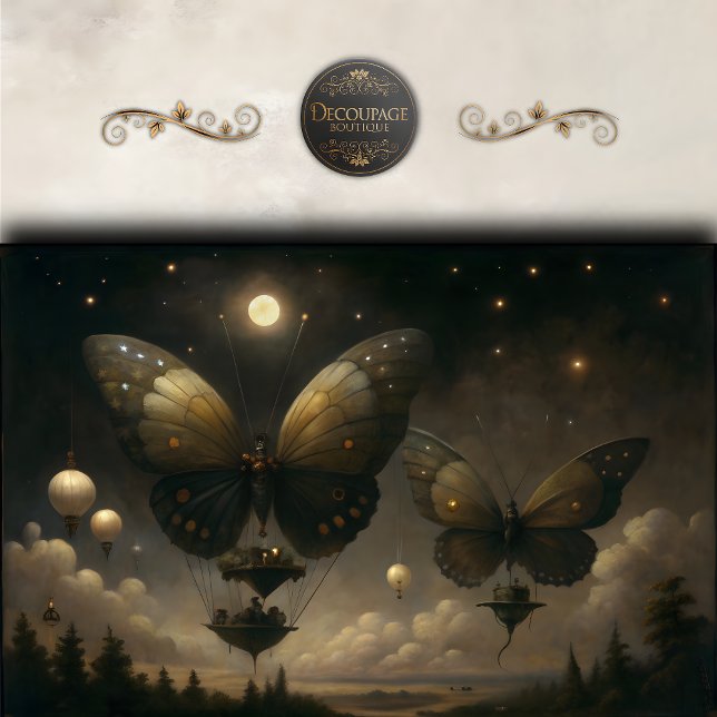 Papel De Seda Decoupage do Dirigível Borboleta ao Luar (Moonlit Butterfly Airship Decoupage Tissue Paper)