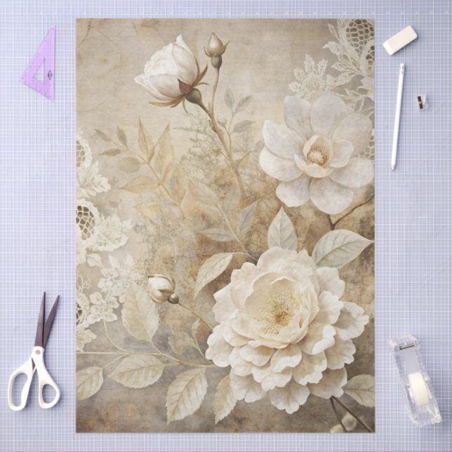 Papel De Seda Decoupage do Grunge Floral Branco Elegante (Arte )