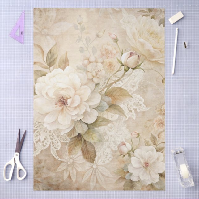 Papel De Seda Decoupage do Grunge Floral Branco Elegante (Arte )
