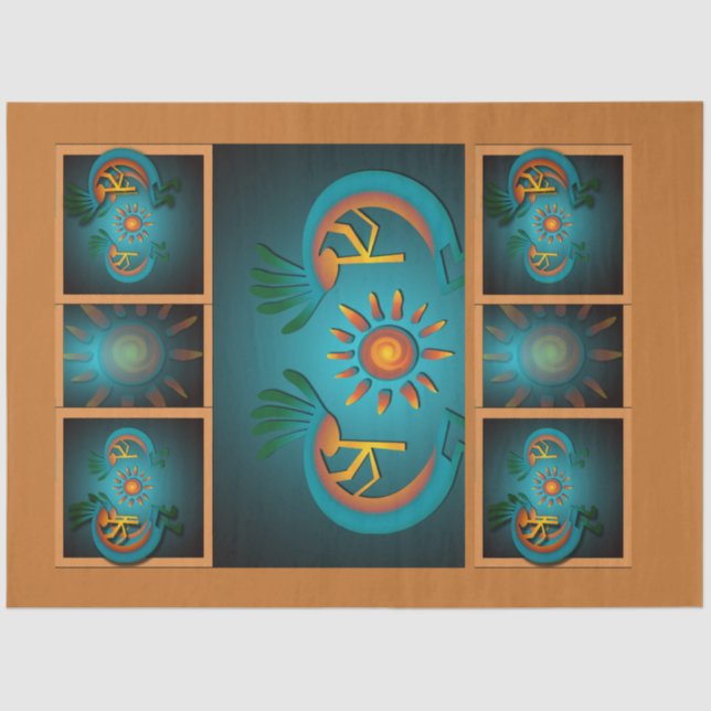 Papel De Seda Decoupage do Kokopelli Sun Southwest Turquoise (Frente )