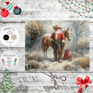 Papel De Seda Decoupage do Papai Noel Caubói Ocidental & Cavalo
