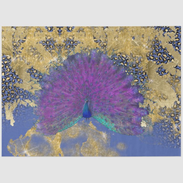 Papel De Seda Decoupage do Pavão Azul Roxo Dourado Púrpura do Le (Frente )