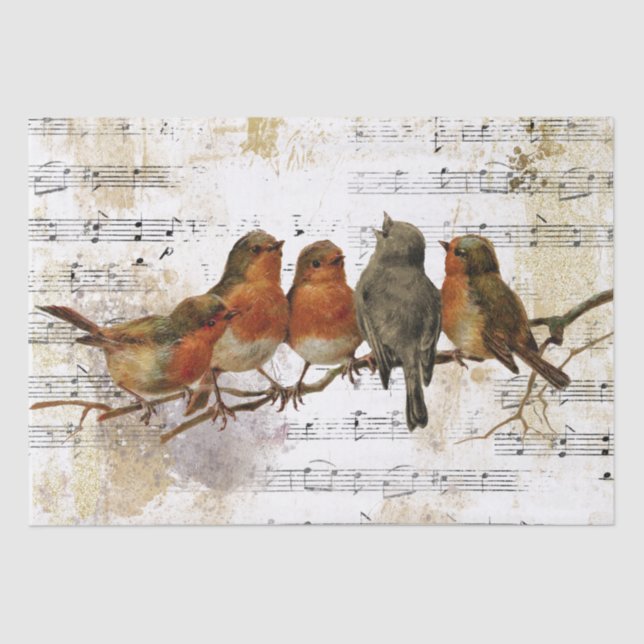 Papel De Seda Decoupage do Robin Bird Sheet Music Dourada Silver (Frente )