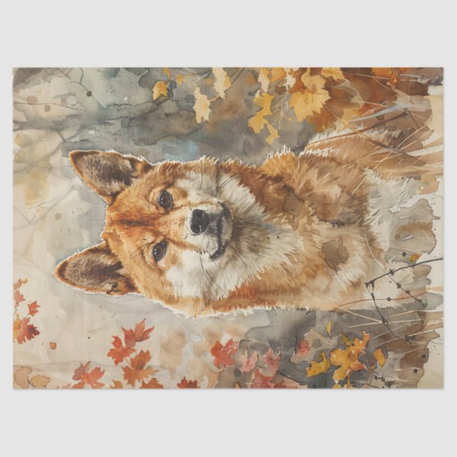 Papel De Seda Decoupage do Shiba Inu da Watercolor (Frente )