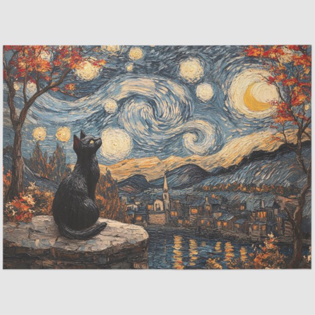 Papel De Seda Decoupage do Starry Night Cat (Frente )