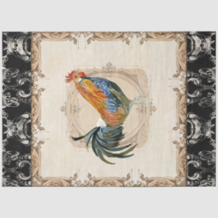 Papel De Seda Decoupage em Francês do Rooster de Watercolor Blac