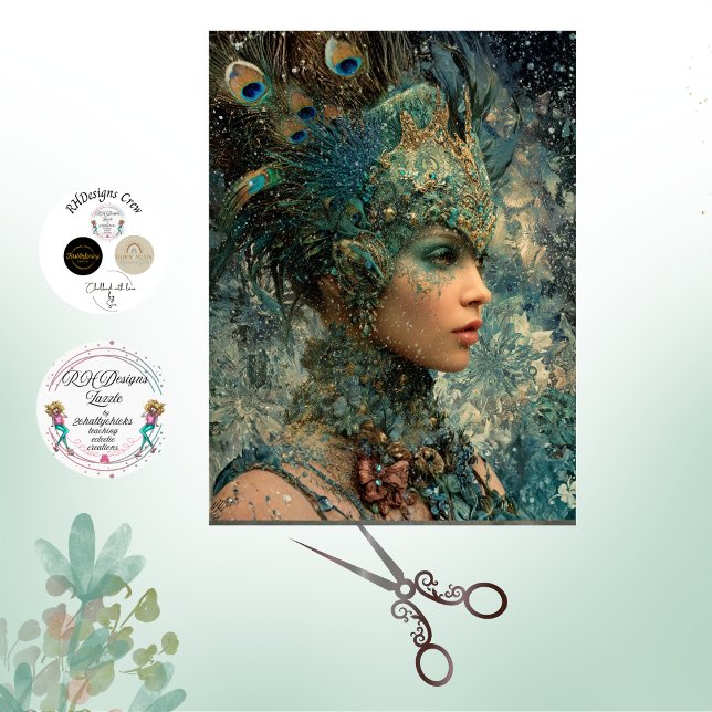 Papel De Seda Decoupage Fantasy Peacock Woman Teals Feathers  (Criador carregado)