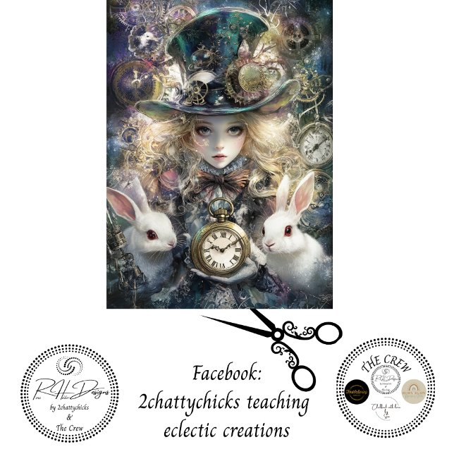 Papel De Seda Decoupage Fantasy Timekeeper Girl and White Rabbit (Criador carregado)